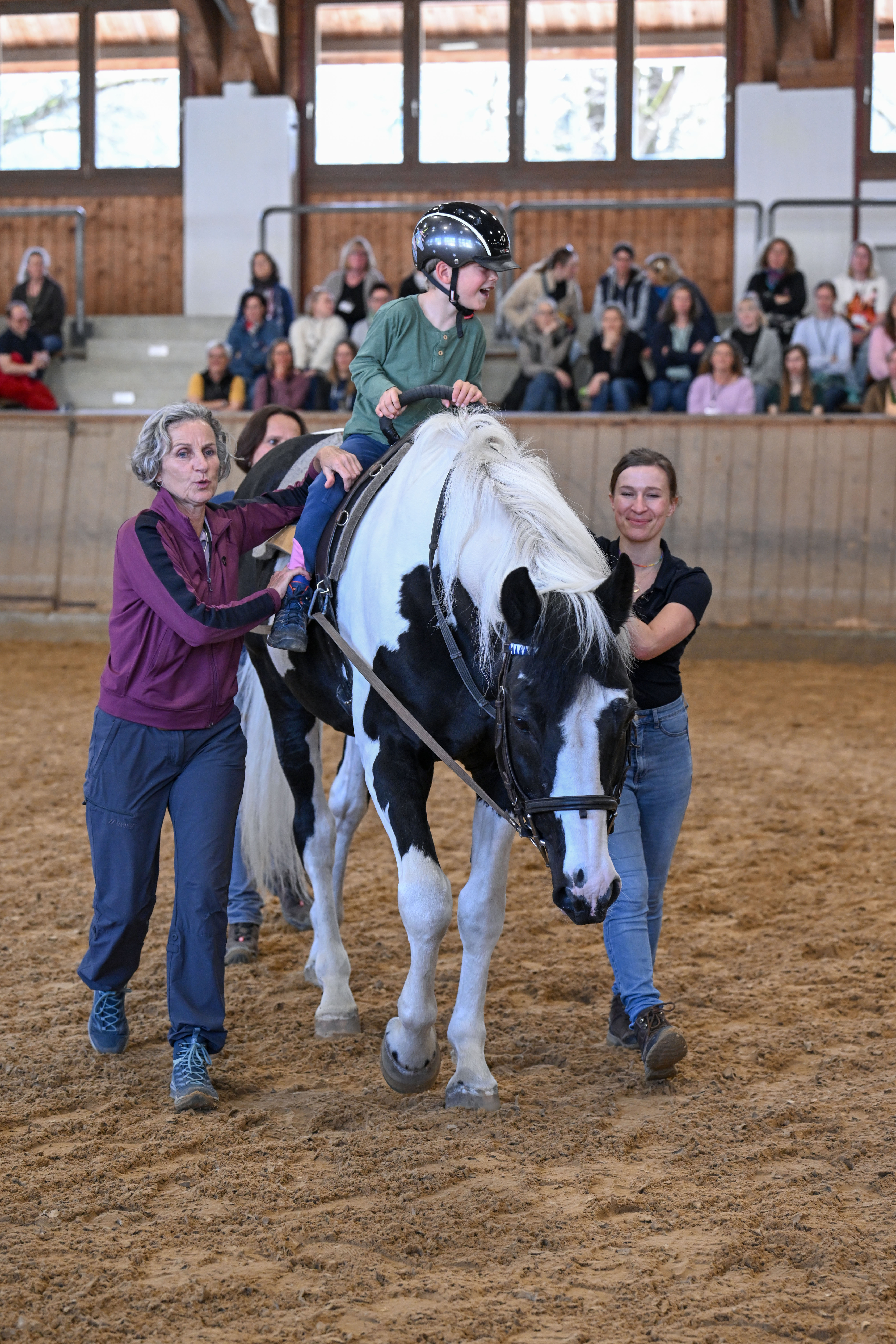 In der Praxisdemonstration unter der Leitung von Corinna Wagner und Christina Wagner wurde sichtbar, wie ein Kind mit Zerebralparese im interdisziplinären Therapieprozess mit dem Pferd begleitet wird – unterstützt von Gestütshengst Cotton Eye Joe.